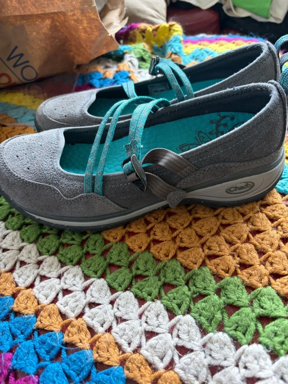 Chaco Mary Jane flats, Suede, gray, turquoise, sz 7.5